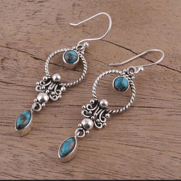 2/$24 Boho Vintage Festival Brushed Silver Turquoise Earrings - Picture 4 of 5